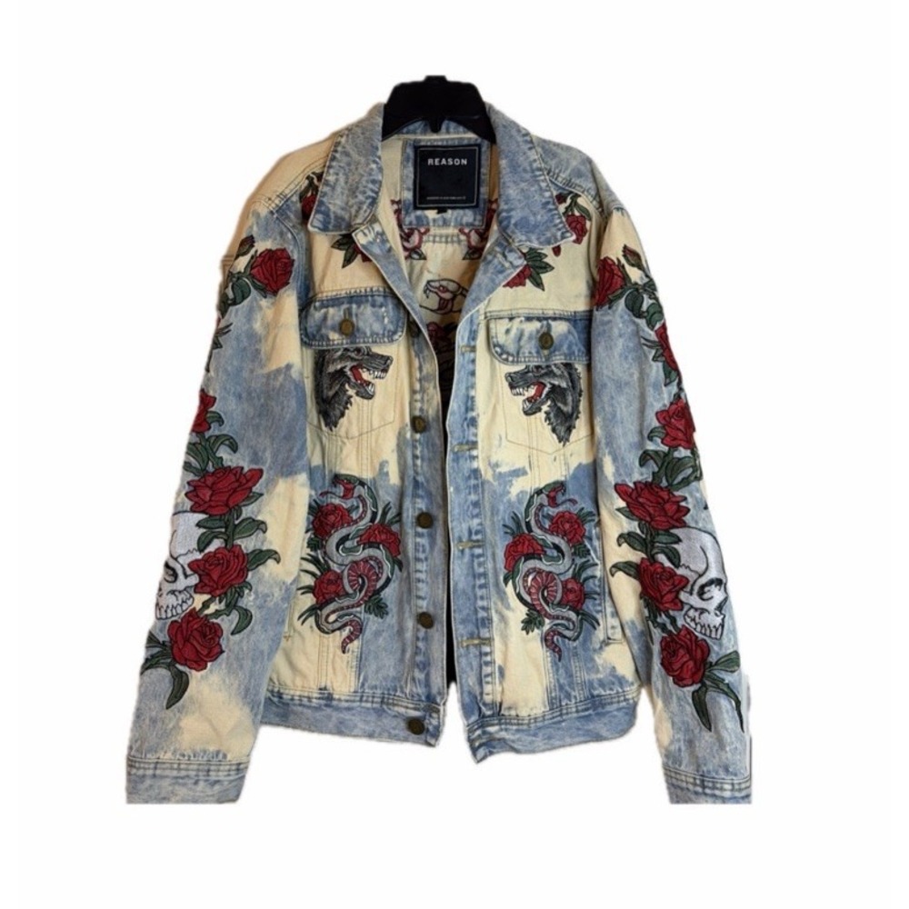 Reason NYC Snake Patch Embroidered Denim Jacket Sz M White Acid Wash Streetwear